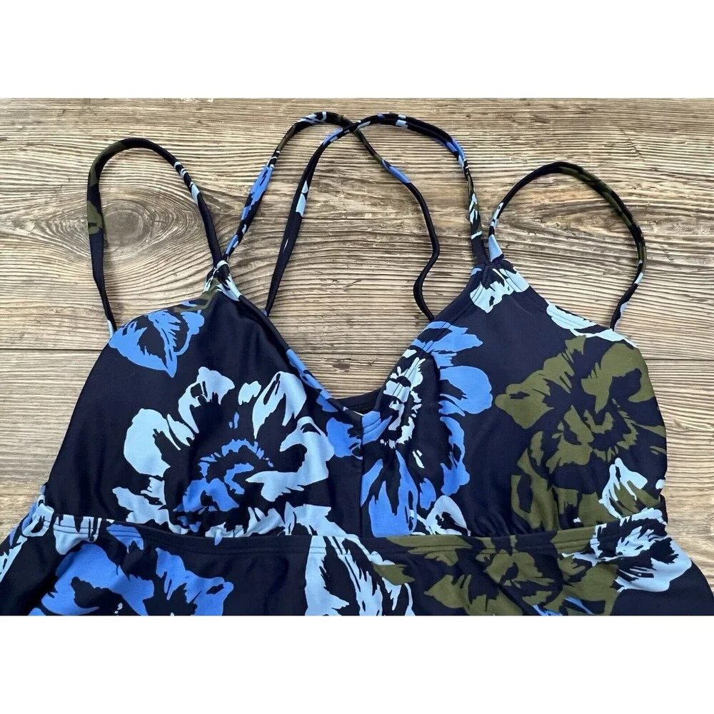 Kona Sol Women's Tankini Top Double Strap V-neck Floral Blue Size‎ MED